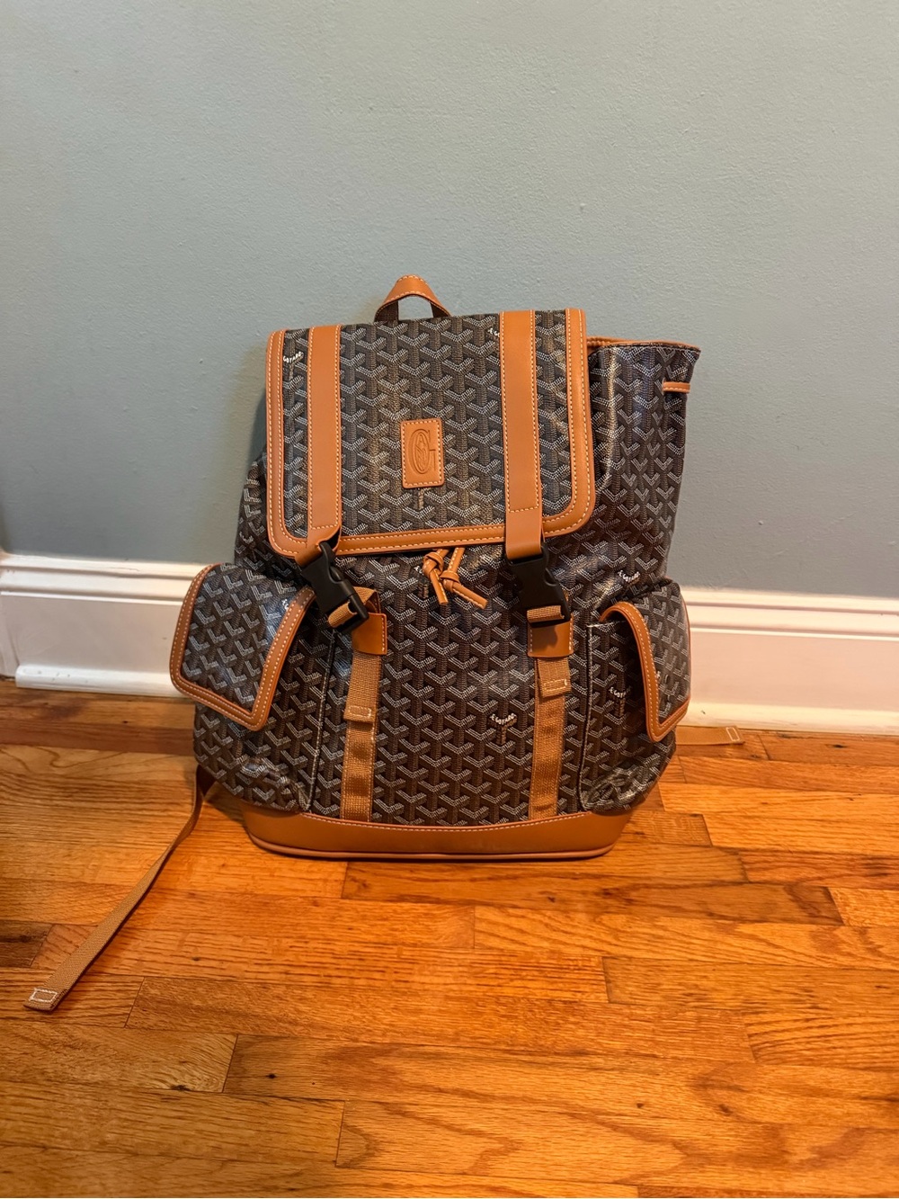 Men's Brown Patterned Backpack with Tan Accents